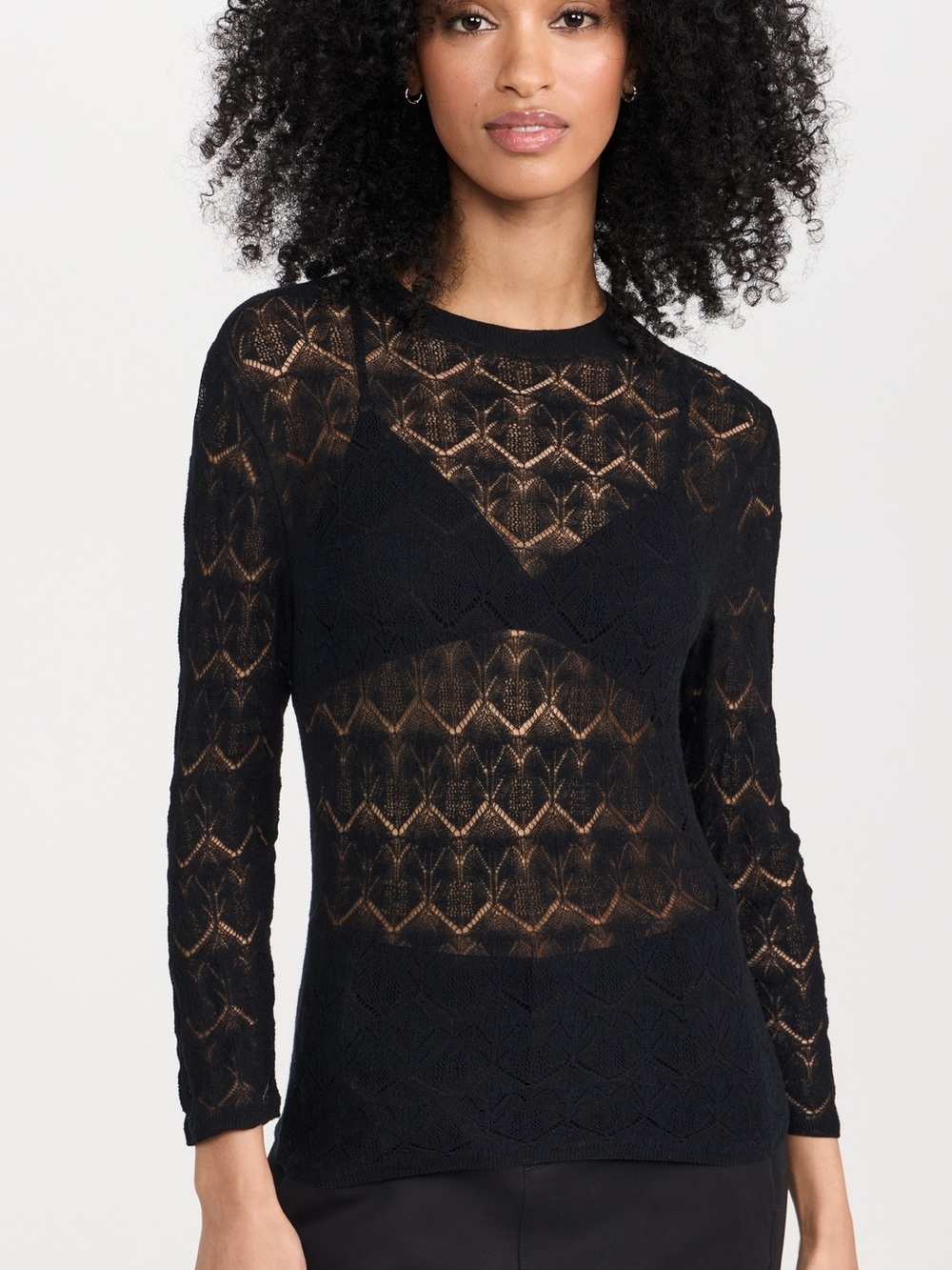 Vince Fine Lace 3/4 Sleeve Crew Neck Black Pointelle Sheer Knit Top M